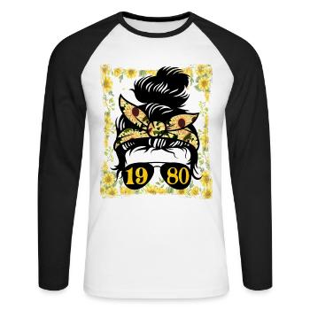 Sonnenblume Mama Geboren 1980 Geburtstag - Unisex Baseballshirt langarm - Weiß/Schwarz - Vorne - Nik (191cm)