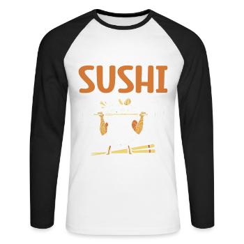Powered by Sushi Lovers Japan Japanese - Unisex Long Sleeve Baseball T-Shirt - white/black - Front - Nik (191cm)