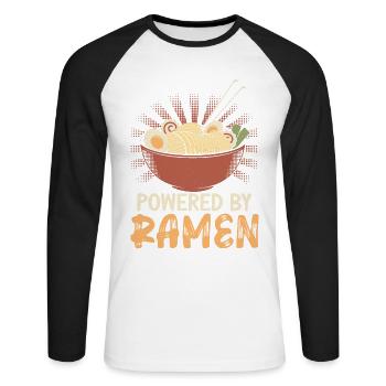 Powered By Ramen Lover Japan Japanisches Essen - Unisex Baseballshirt langarm - Weiß/Schwarz - Vorne - Nik (191cm)