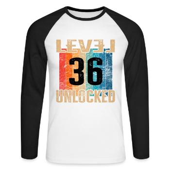 Anniversaire Joyeux anniversaire Niveau débloqué 36 ans - T-shirt baseball manches longues Homme - blanc/noir - Devant - Nik (191cm)