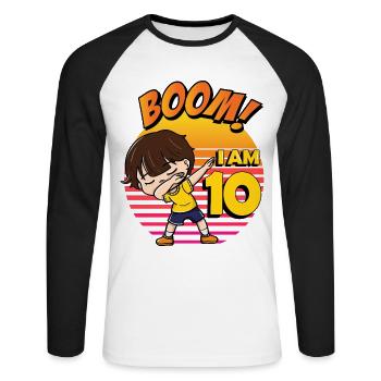 Boom J’ai 10 | Anniversaire Garçon | Fête du 10e anniversaire - T-shirt baseball manches longues Homme - blanc/noir - Devant - Nik (191cm)