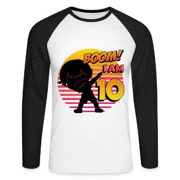 Boom J’ai 10 | Anniversaire Garçon | Fête du 10e anniversaire - T-shirt baseball manches longues Homme - blanc/noir - Devant - Nik (191cm)