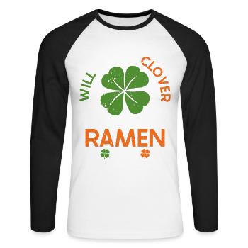 Échangez le trèfle contre des ramen | | amateur de ramen Japon - T-shirt baseball manches longues Homme - blanc/noir - Devant - Nik (191cm)
