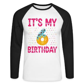 It's My 6th Birthday | Sprinkles Theme | - Unisex Long Sleeve Baseball T-Shirt - white/black - Front - Nik (191cm)