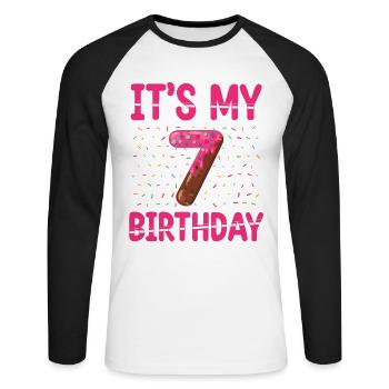 It's My 7th Birthday | Sprinkles Theme | - Unisex Long Sleeve Baseball T-Shirt - white/black - Front - Nik (191cm)