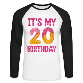 C’est mon 20e anniversaire | Saupoudrer des | à thème - T-shirt baseball manches longues Homme - blanc/noir - Devant - Nik (191cm)