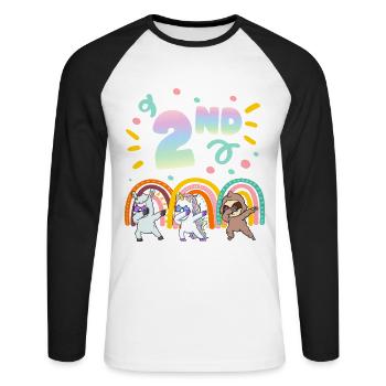 2nd Birthday Dabbing Llama Unicorn Sloth | 2nd - Unisex Long Sleeve Baseball T-Shirt - white/black - Front - Nik (191cm)