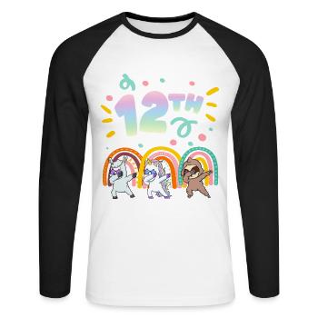 12. Geburtstag Dabbing Llama Einhorn Faultier | - Unisex Baseballshirt langarm - Weiß/Schwarz - Vorne - Nik (191cm)