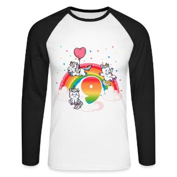 9ème anniversaire Rainbow Unicorn Thème Anniversaire - T-shirt baseball manches longues Homme - blanc/noir - Devant - Nik (191cm)