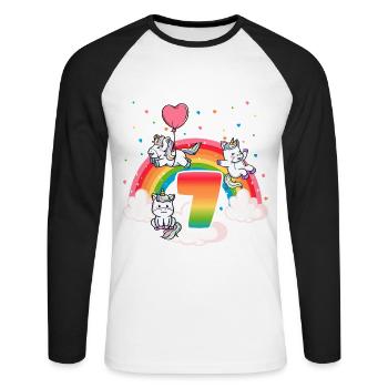 7th Birthday Rainbow Unicorn Theme - Unisex Long Sleeve Baseball T-Shirt - white/black - Front - Nik (191cm)