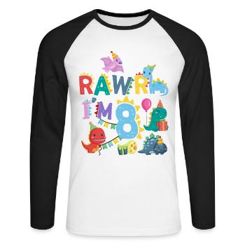 Rawr J’ai 8 | | de dinosaures Rawr 8e anniversaire - T-shirt baseball manches longues Homme - blanc/noir - Devant - Nik (191cm)