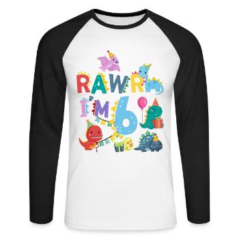 Rawr Je suis 6 | | de dinosaures Rawr 6ème anniversaire - T-shirt baseball manches longues Homme - blanc/noir - Devant - Nik (191cm)