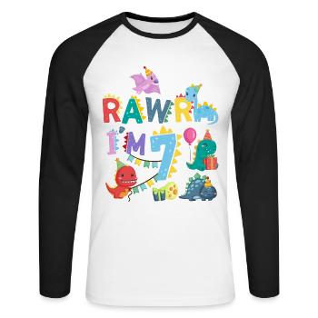 Rawr Je suis 7 | | de dinosaures Rawr 7ème anniversaire - T-shirt baseball manches longues Homme - blanc/noir - Devant - Nik (191cm)
