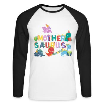 Mother Saurus | Rawr Dinosaur Tshirt | Family - Unisex Long Sleeve Baseball T-Shirt - white/black - Front - Nik (191cm)