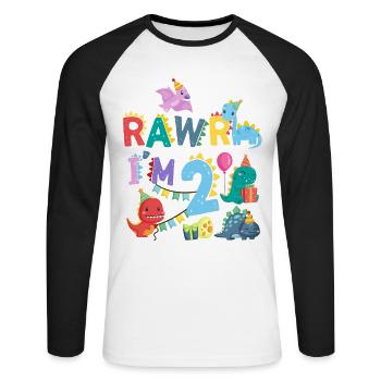 Rawr Je suis 2 | | de dinosaures Rawr 2ème anniversaire - T-shirt baseball manches longues Homme - blanc/noir - Devant - Nik (191cm)