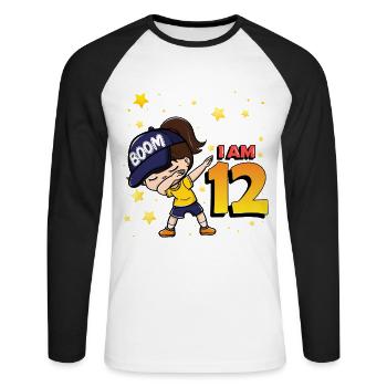 Boom I'm 12 | Birthday Girl | 12th Birthday Party - Unisex Baseballshirt langarm - Weiß/Schwarz - Vorne - Nik (191cm)