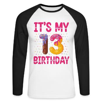 C’est mon 13e anniversaire | Saupoudrer des | à thème - T-shirt baseball manches longues Homme - blanc/noir - Devant - Nik (191cm)