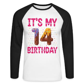 C’est mon 14e anniversaire | Saupoudrer des | à thème - T-shirt baseball manches longues Homme - blanc/noir - Devant - Nik (191cm)
