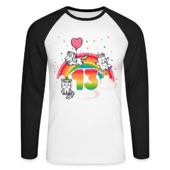 13th Birthday Rainbow Unicorn Theme - Unisex Long Sleeve Baseball T-Shirt - white/black - Front - Nik (191cm)