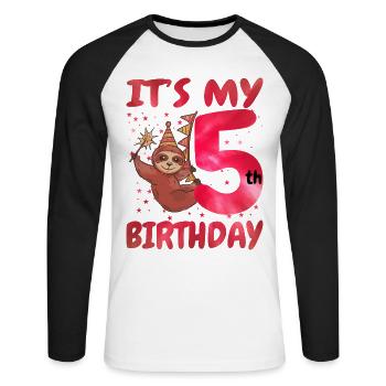 5th Birthday Cute Sloth Party Hut Themed Birthday - Unisex Long Sleeve Baseball T-Shirt - white/black - Front - Nik (191cm)