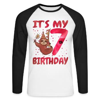 7th Birthday Cute Sloth Party Hut Themed Birthday - Unisex Long Sleeve Baseball T-Shirt - white/black - Front - Nik (191cm)