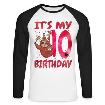 10th Birthday Cute Sloth Party Hat - Unisex Long Sleeve Baseball T-Shirt - white/black - Front - Nik (191cm)