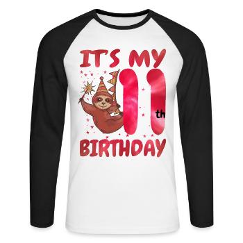 11th Birthday Cute Sloth Party Hat - Unisex Long Sleeve Baseball T-Shirt - white/black - Front - Nik (191cm)