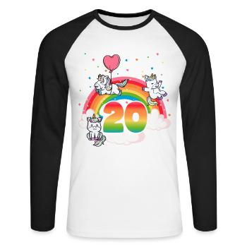 20th Birthday Rainbow Unicorn Theme - Unisex Long Sleeve Baseball T-Shirt - white/black - Front - Nik (191cm)