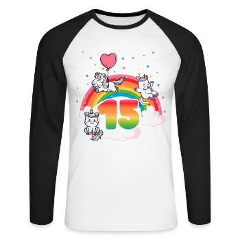 15th Birthday Rainbow Unicorn Theme - Unisex Long Sleeve Baseball T-Shirt - white/black - Front - Nik (191cm)