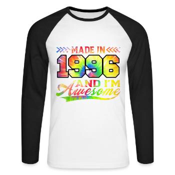Fabriqué en 1996 et je suis génial Tie Dye coloré - T-shirt baseball manches longues Homme - blanc/noir - Devant - Nik (191cm)