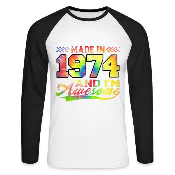 Fabriqué en 1974 et je suis génial Tie Dye coloré - T-shirt baseball manches longues Homme - blanc/noir - Devant - Nik (191cm)