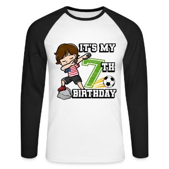 Fußballer Junge Ich bin schon 7th Geburtstag - Unisex Baseballshirt langarm - Weiß/Schwarz - Vorne - Nik (191cm)
