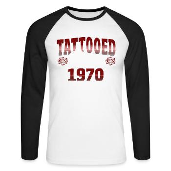 Tattooed Since 1970 Red Rose Theme Tattoo Ink - Unisex Long Sleeve Baseball T-Shirt - white/black - Front - Nik (191cm)