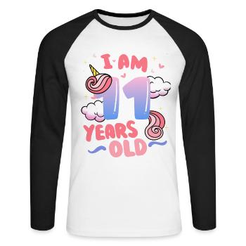 I am 11 years old | Unicorn theme | 11. - Unisex Long Sleeve Baseball T-Shirt - white/black - Front - Nik (191cm)