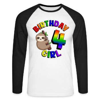 Geburtstag 4 Mädchen Niedliches Baby Faultier - Unisex Baseballshirt langarm - Weiß/Schwarz - Vorne - Nik (191cm)