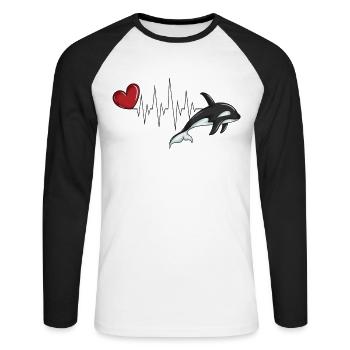 Herzschlag Valentinstag Orca Wal Motiv mit Herz - Unisex Baseballshirt langarm - Weiß/Schwarz - Vorne - Nik (191cm)