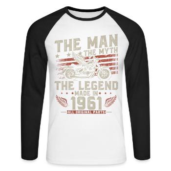 1961 Vintage homme mythe légende moto - T-shirt baseball manches longues Homme - blanc/noir - Devant - Nik (191cm)