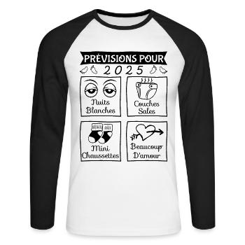 Prévisions pour 2025,idée cadeau futurs parents - T-shirt baseball manches longues Homme - blanc/noir - Devant - Nik (191cm)