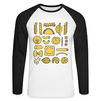 Pasta // spaghetti, penne, tortellini, farfalle - Unisex Long Sleeve Baseball T-Shirt - white/black - Front - Nik (191cm)