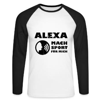 Alexa T-Shirt - Alexa, mach Sport für mich! - Unisex Baseballshirt langarm - Weiß/Schwarz - Vorne - Nik (191cm)