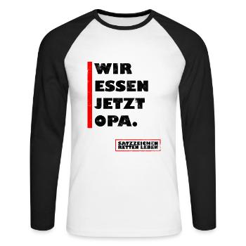Wir essen jetzt Opa. - Unisex Baseballshirt langarm - Weiß/Schwarz - Vorne - Nik (191cm)