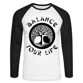 Arbre de vie Yin Yang Balance | Arbre de la vie - T-shirt baseball manches longues Homme - blanc/noir - Devant - Nik (191cm)