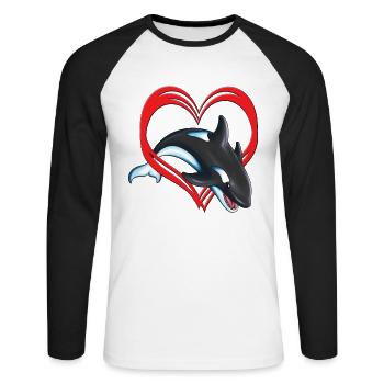 Une baleine de cœur saute hors de l’eau à travers un cœur - T-shirt baseball manches longues Homme - blanc/noir - Devant - Nik (191cm)