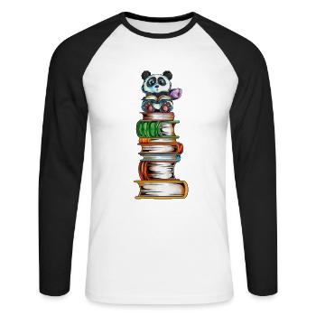 Pandabär auf einem Bücherturm mit Tee Buch lesen - Unisex Baseballshirt langarm - Weiß/Schwarz - Vorne - Nik (191cm)