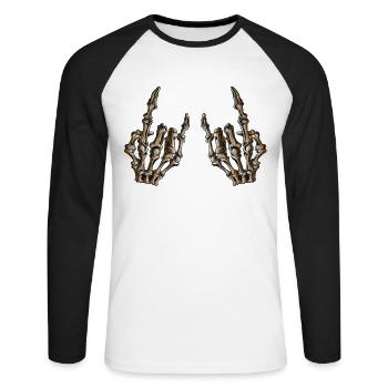 Metal Fan Music Lover Halloween Skeleton Costume - Unisex Long Sleeve Baseball T-Shirt - white/black - Front - Nik (191cm)