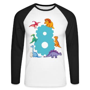8e anniversaire | Chemise d’anniversaire de dinosaure | - T-shirt baseball manches longues Homme - blanc/noir - Devant - Nik (191cm)