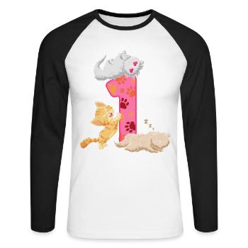 1. Geburtstag Kätzchen | Katze Geburtstag Shirt | - Unisex Baseballshirt langarm - Weiß/Schwarz - Vorne - Nik (191cm)