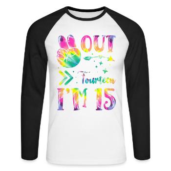 Peace Out Fourteen I'm 15 | Tie Dye Themed - Unisex Baseballshirt langarm - Weiß/Schwarz - Vorne - Nik (191cm)