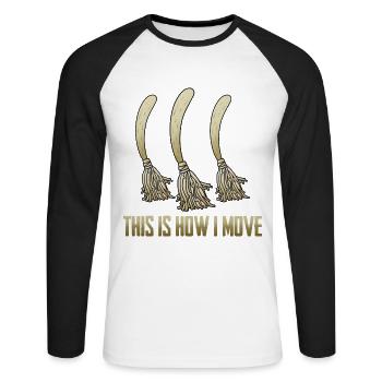 How To Move Magician Broomsticks Halloween Party - Unisex Long Sleeve Baseball T-Shirt - white/black - Front - Nik (191cm)