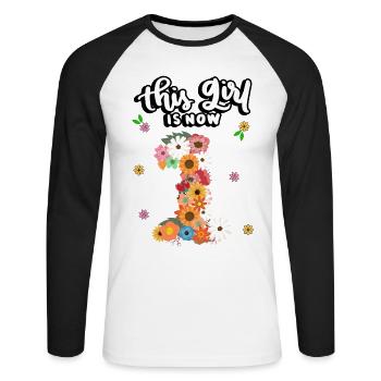 This girl is now 1, Colorful Flowers 1. - Unisex Long Sleeve Baseball T-Shirt - white/black - Front - Nik (191cm)